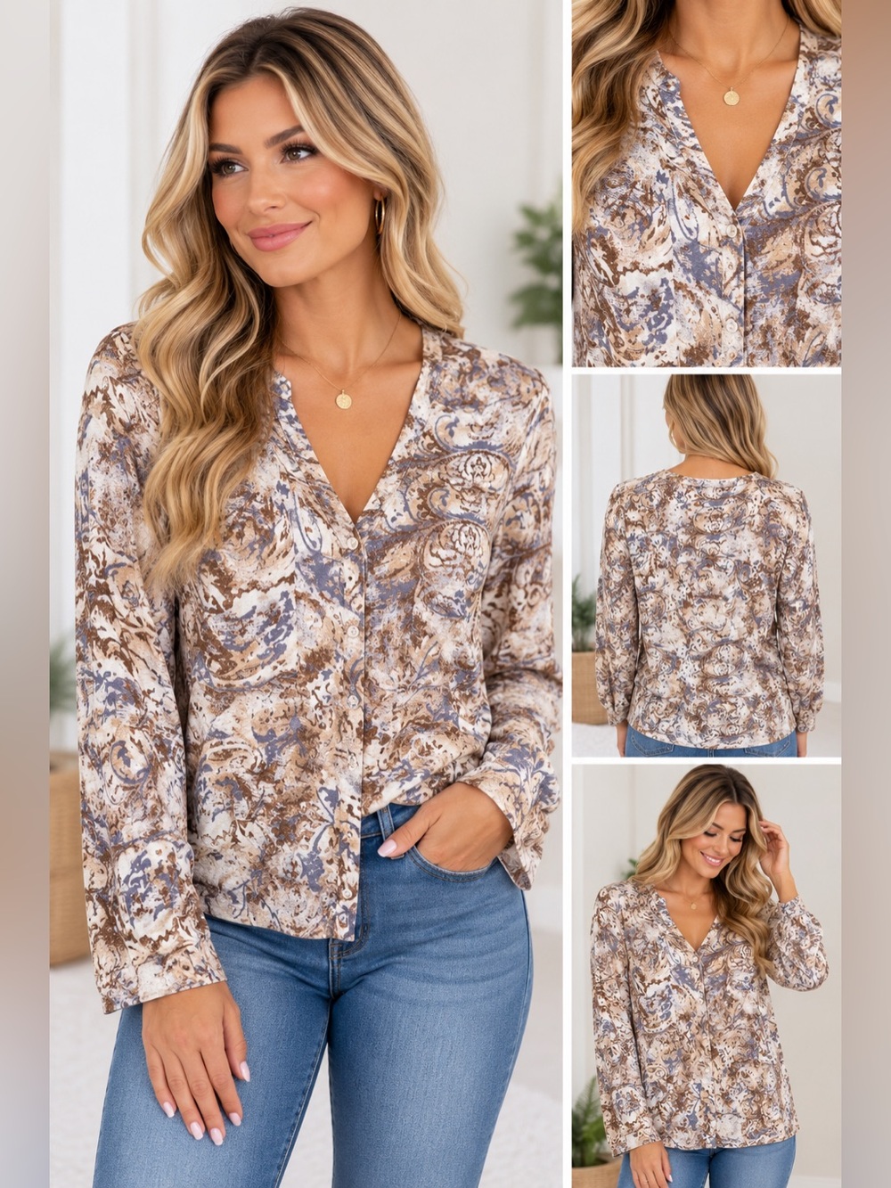 BKE Women's long sleeve printed button down blouse size small